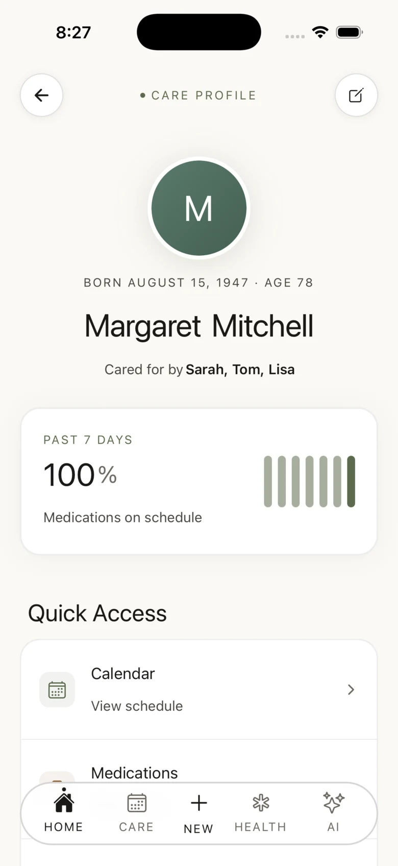 CircleCare care profile for Margaret Mitchell showing 100 percent medication adherence over the past seven days