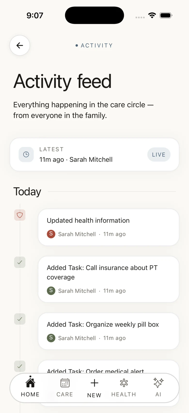 CircleCare activity feed showing today's updates from members of the care circle