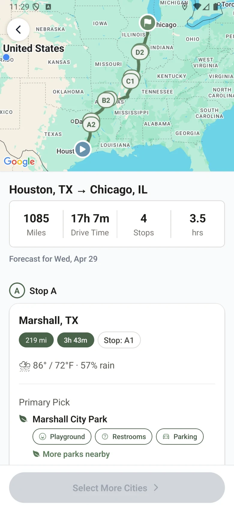 SmartStops route from Houston to Chicago with four planned stops along the way