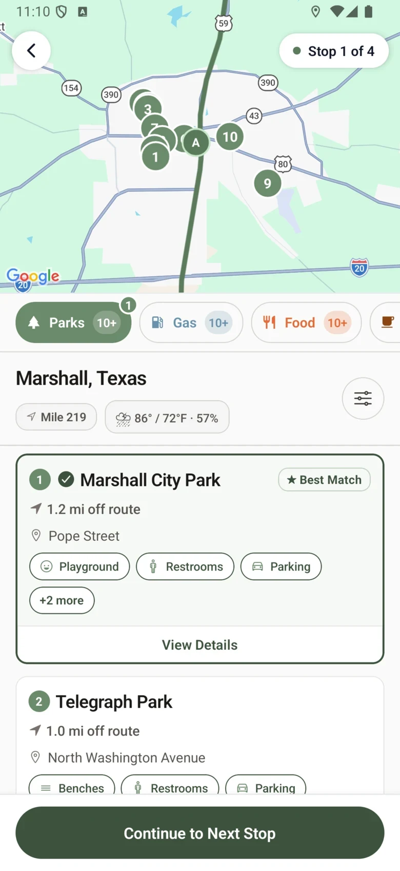 SmartStops stop list for Marshall, Texas showing nearby parks with playgrounds, restrooms and parking